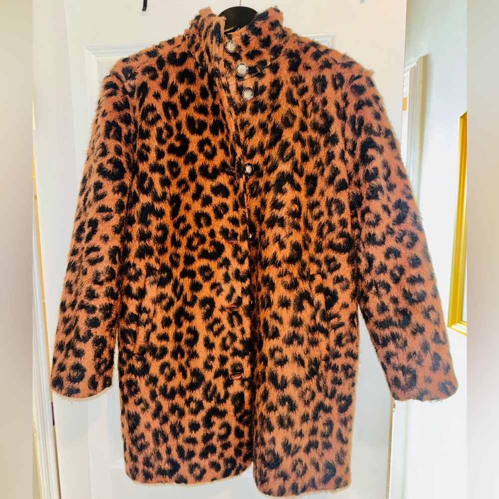 Marine Layer Faux Fur Leopard Print Coat in Orange and Black